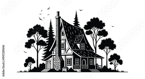 A charming detailed illustration of a storybook house surrounded by trees and birds presented as a silhouette high quality professional modern