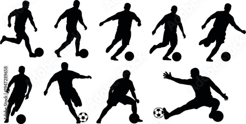  Silhouettes of soccer players in dynamic action poses, dribbling, kicking, running, striking ball, showcasing teamwork, energy, and athletic sports illustration