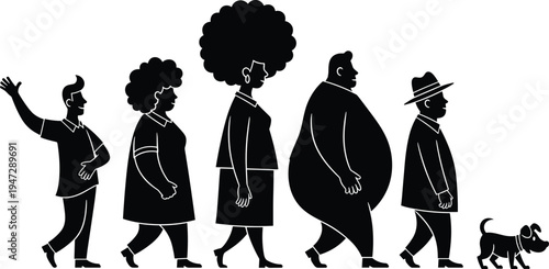 Silhouette diverse group of people walking with dog, vector illustration representing individuality, diversity, companionship, lifestyle, urban community, graphic design