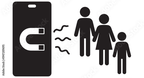 A smartphone with a magnet attracting a family of three people