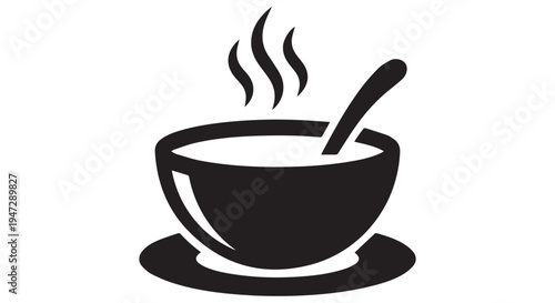 A black and white illustration of a steaming cup of coffee with a spoon