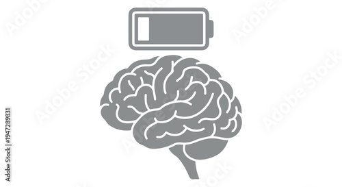 A gray icon of a brain with a low battery symbol above it, representing mental fatigue.