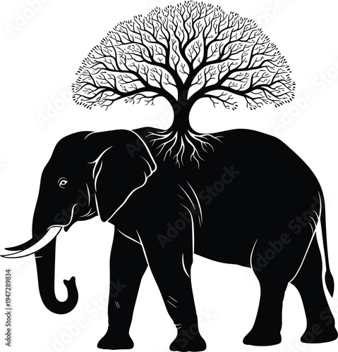 Silhouette elephant with tree brain design, symbolic vector illustration representing nature, intelligence, memory, wildlife art, creative concept, graphic design