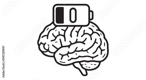 An illustration of a brain with a low battery symbol on top, representing mental exhaustion.