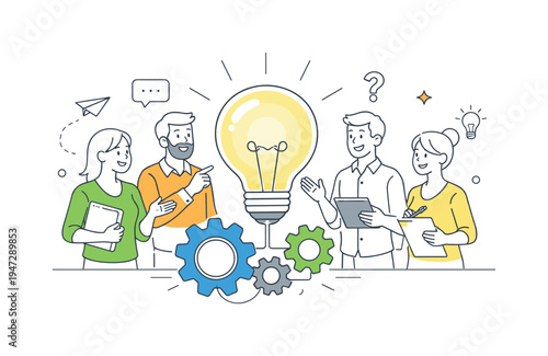 Team brainstorming around a glowing lightbulb with gears and communication icons. A diverse group of colleagues collaborates on a new project, discussing ideas and solutions with a