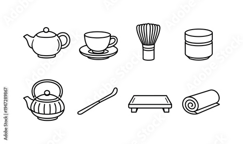Japanese tea ceremony set icons, traditional matcha preparation tools. A collection of minimalist line art icons representing essential items for a traditional Japanese tea