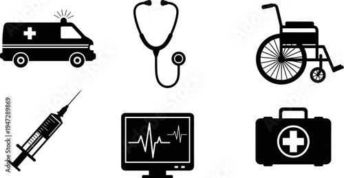 Medical vector icon set featuring black silhouettes of an ambulance, stethoscope, wheelchair, syringe, heart rate monitor, and first aid kit for healthcare design.