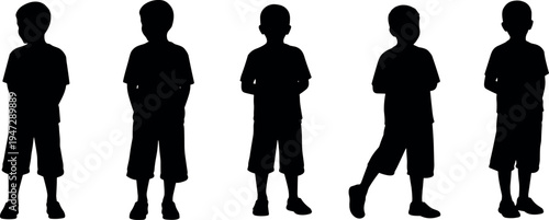 Black silhouette children standing in various poses, casual clothing, posture study figures, youthful lifestyle artwork, childhood activity illustration vector