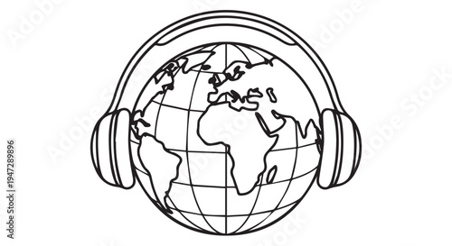 A black and white illustration of the Earth wearing a pair of headphones