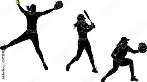 Silhouettes of softball players in dynamic action poses, pitching, batting, fielding, capturing energy, teamwork, and athletic performance in sports illustration