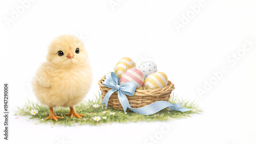 Minimal Easter greeting card , fluffy baby yellow chick and basket of pastel Easter eggs with a ribbon on a clean white background with  Large copy space for message or branding.
