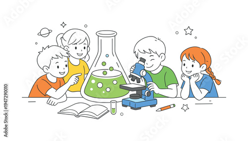 A small group of students learning basic science concepts during a classroom experiment in an elementary school, gathered around a large laboratory flask and a simple microscope that