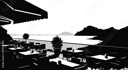 A stark high contrast view of a seaside cafe terrace mountains and water presented as a silhouette high quality professional detailed modern