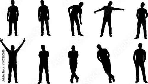 Black silhouettes of people in standing poses, body language gestures, pointing, leaning, crossing arms, raising hands, vector illustration artwork