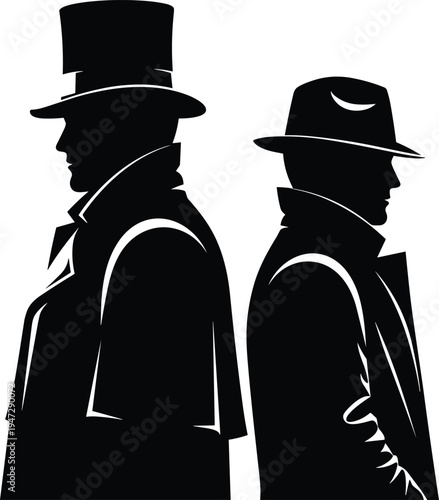 Victorian man in top hat and noir detective in fedora, back to back silhouette vector art, fashion history concept illustration