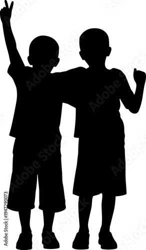 Black silhouette children standing together, peace sign gesture, casual clothing, youthful friendship figures, playful camaraderie, childhood lifestyle illustration