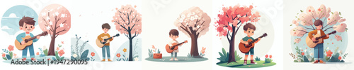 vector of a happy little boy standing playing guitar in spring