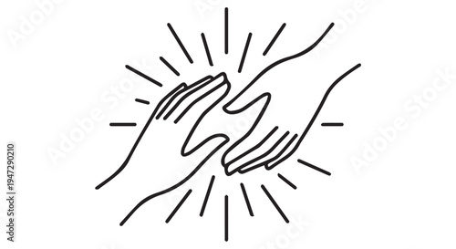 A minimalist line drawing of two hands touching with sunburst effect