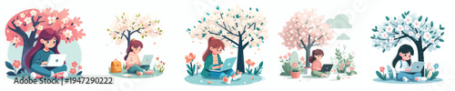 vector of a little girl sitting outside with a laptop in spring