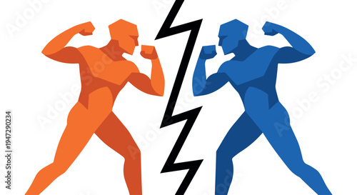 Two muscular men in orange and blue standing in a fighting stance with a lightning bolt between them