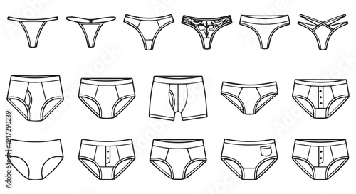 A collection of various underwear styles and designs for men and women on a Transparent Background