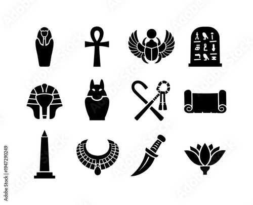 Ancient Egyptian symbols collection including sarcophagus, ankh, scarab, and hieroglyphs. A graphic collection of iconic ancient Egyptian symbols and artifacts presented in a clean
