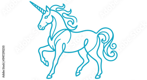 A whimsical blue unicorn illustration with a flowing mane and tail on a Transparent Background