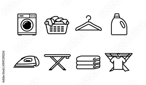 Laundry icons set: washing machine, basket, hanger, detergent, iron, board, towels, drying rack. A collection of simple line art icons representing various laundry tasks and items