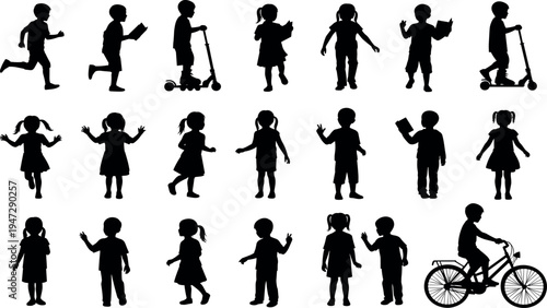  Children silhouette vector illustration, kids running, walking, waving, reading, riding scooters and bicycles, playful activity concept, creative design artwork