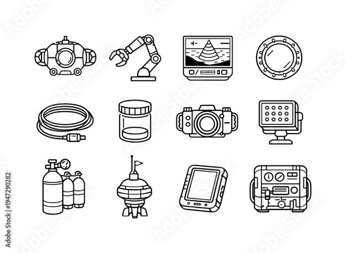 Underwater exploration equipment icons set, line art, vector illustration. A collection of black and white line art icons representing various underwater exploration tools and