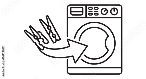 A simple line drawing of clothes pegs being put into a washing machine