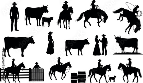 Black silhouette cowboys and cowgirls with horses, cattle, ranch elements, lasso, western lifestyle figures, rural culture, rodeo performance illustration