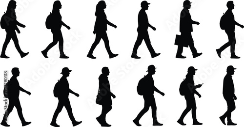 Walking people silhouettes, diverse postures vector illustration, human movement design with accessories, lifestyle activity inspiration for animation, study