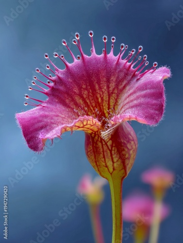 A vibrant pink flower with unique water droplets on its petals stands out against a soft blue background. This image captures beauty and nature. Perfect for floral design. AI