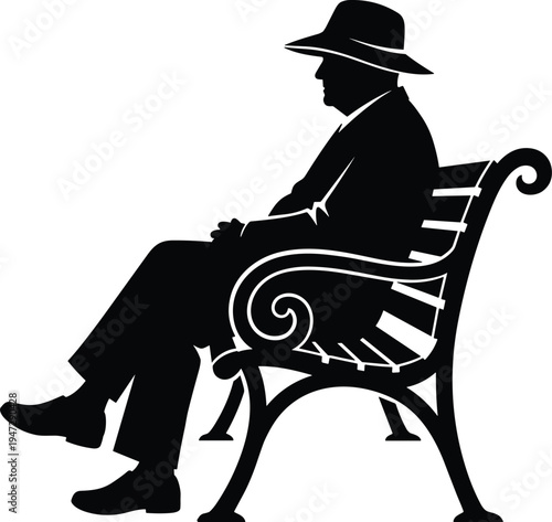 Silhouette of person sitting on ornate bench, wide brim hat and formal attire, calm leisure illustration with vintage design elements