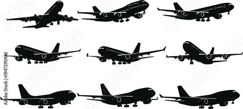 Silhouette illustration of airplanes in grid layout, multiple flight orientations vector art design concept for aviation stock content