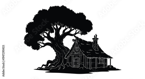A detailed black silhouette depicts a quaint cottage nestled beneath a large sprawling tree silhouette high quality professional modern elegant stylish