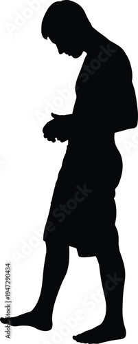 Silhouette of person standing barefoot in shorts, leaning forward examining object in hands, illustration emphasizing posture and observation design