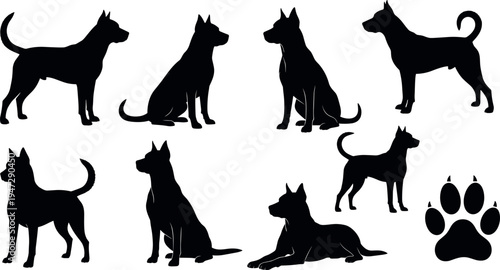 Black silhouette dogs in various poses with paw print, playful pet figures, domestic animal artwork, canine lifestyle illustration vector