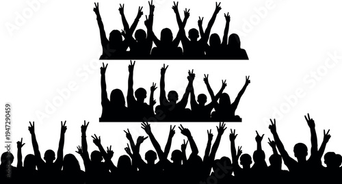 Black silhouette crowd raising arms, peace signs, expressive gestures, unity figures, celebration artwork, public gathering illustration vector design