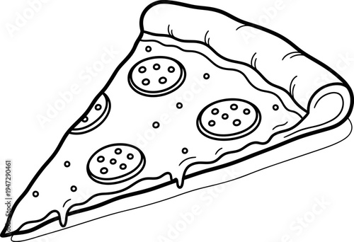 A black and white drawing of a slice of pepperoni pizza