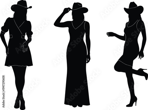 Silhouettes of women in cowboy hats and dresses, western themed poses highlighting fashion style and personality variation illustration