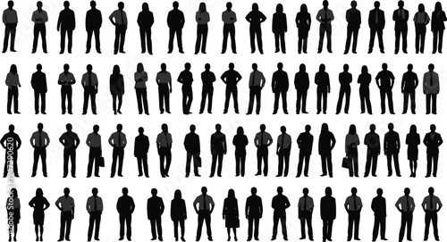 Human silhouette vector illustration grid of diverse figures, standing poses, business and casual attire, decorative artistic composition, crowd representation