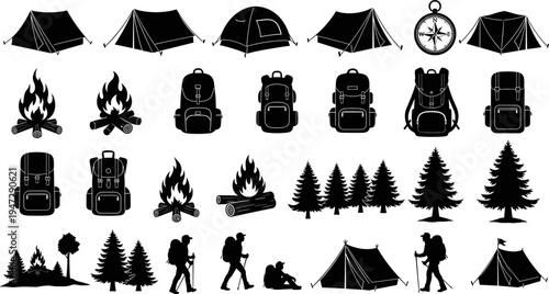 Set of Camping and Hiking Silhouettes Including Tents Backpacks Campfires Pine Trees and Hikers Isolated on White Background for Outdoor Adventure Tourism and Nature Exploration