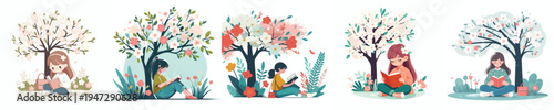 vector of a little girl sitting leaning against a tree reading a book in spring