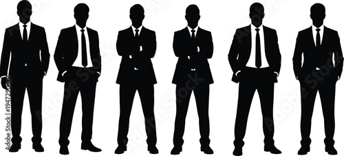Silhouette illustration of businessmen in suits standing in row, professional corporate team vector art design concept for stock content
