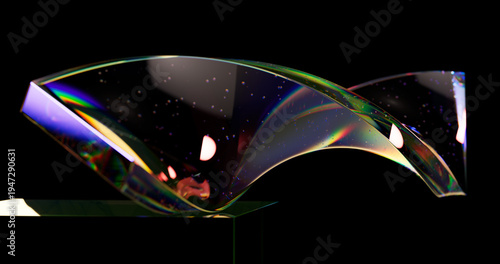 Luxury 3D Abstract Glass Sculpture with Spectral Dispersion. Elegant Crystal Shape with Rainbow Light Refraction on Dark Background.