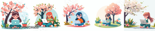 vector of a little girl sitting outside with a laptop in spring