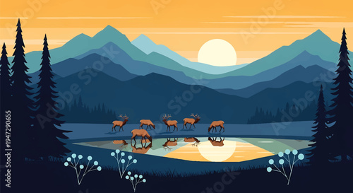 Herd of elk drinking from mountain lake at sunrise with pine trees and blue peaks vector illustration of north american wildlife and nature landscape