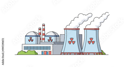A simplified illustration depicts a nuclear power plant with cooling towers and warning symbols a stark silhouette high quality professional detailed